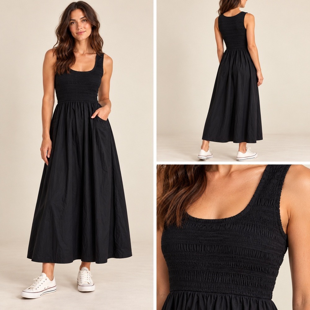 Faithfull The Brand Matera Midi Dress Black Organic Cotton Smocked Tank Size XS